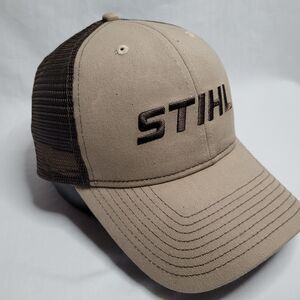 STIHL Hat Tan Brown Logo Mesh Back Snapback Trucker Outdoor Workwear Cap Mens